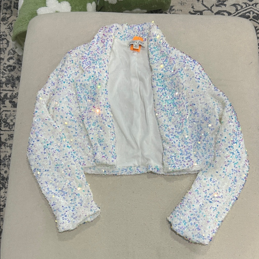 She + Sky White Iridescent Sequin Cropped Jacket
